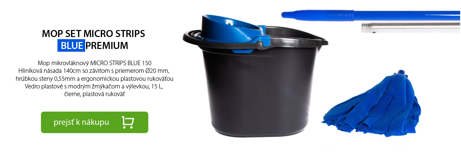 Mop mikrovláknový MICRO STRIPS BLUE 150 Hliníková násada 140cm so závitom s priemerom Ø20 mm,  hrúbkou steny 0,55mm a ergonomickou plastovou rukoväťou Vedro plastové s modrým žmýkačom a výlevkou, 15 L,  čierne, plastová rukoväť