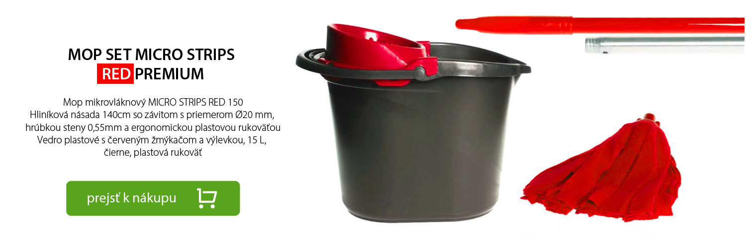 Mop mikrovláknový MICRO STRIPS RED 150 Hliníková násada 140cm so závitom s priemerom Ø20 mm,  hrúbkou steny 0,55mm a ergonomickou plastovou rukoväťou Vedro plastové s červeným žmýkačom a výlevkou, 15 L,  čierne, plastová rukoväť