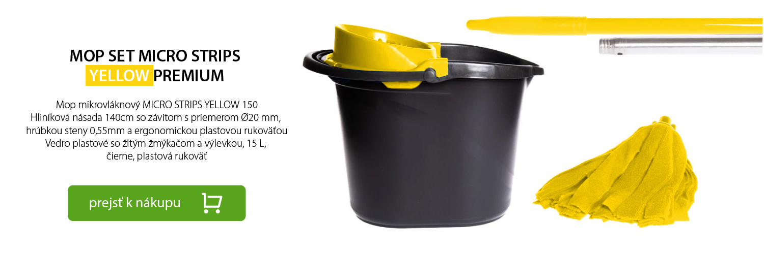 Mop mikrovláknový MICRO STRIPS YELLOW 150 Hliníková násada 140cm so závitom s priemerom Ø20 mm,  hrúbkou steny 0,55mm a ergonomickou plastovou rukoväťou Vedro plastové so žltým žmýkačom a výlevkou, 15 L,  čierne, plastová rukoväť